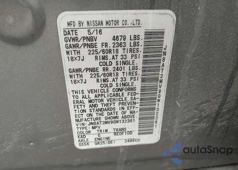 2016 Nissan Rogue Sl z USA, uszkodzony, nr VIN JN8AT2MV9GW132361